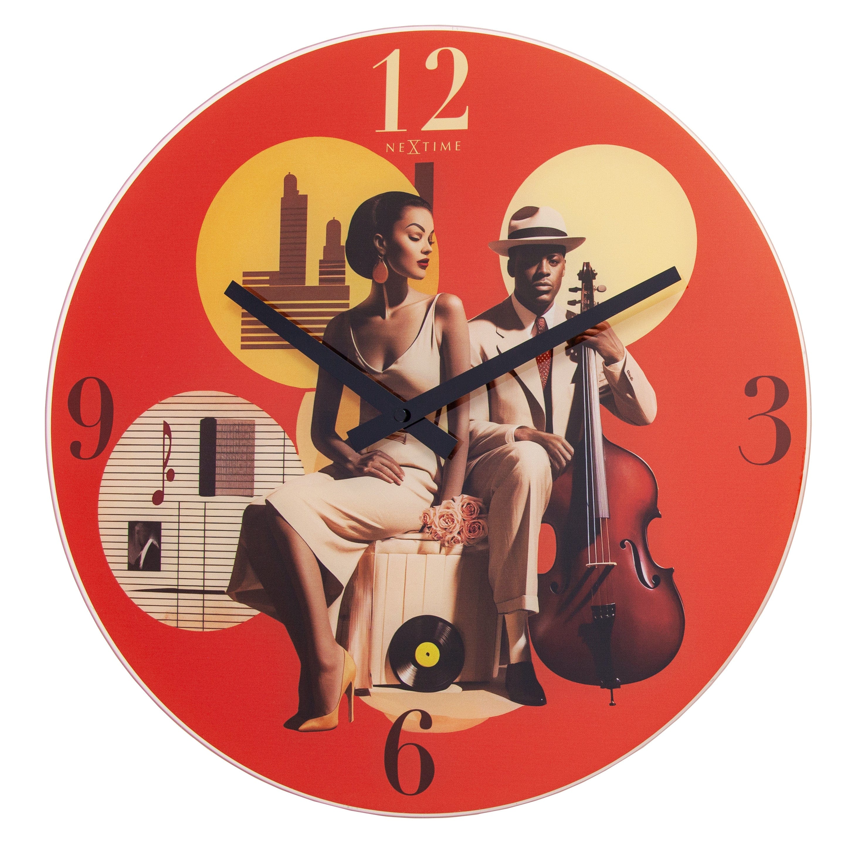 NeXtime Clocks Jazz wall clock, 43cm silent multicolour design with glass face, modern style, front view image.